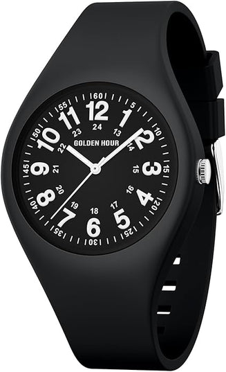 GOLDEN HOUR Waterproof Sports Analog Unisex Watches for Nurse Medical Professionals, Students - Military Time Glowing Easy to Read Dial, Jelly Silicone Strap