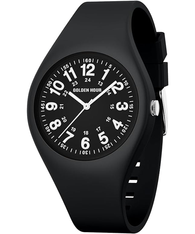 GOLDEN HOUR Waterproof Sports Analog Unisex Watches for Nurse Medical Professionals, Students - Military Time Glowing Easy to Read Dial, Jelly Silicone Strap