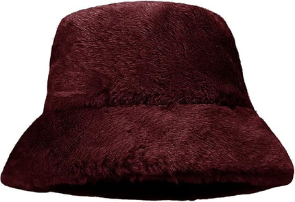 Women Plush Fluffy Bucket Hat Warm Lining Winter Faux Fur Cozy Wide Brim Winter