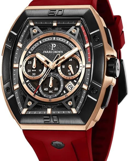 Paras Crown Watches for Men Tonneau 5ATM Waterproof Quartz Luxury Chronograph Analog Men's Wrist Watches Stainless Steel Case Mens Watches