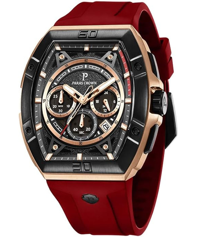 Paras Crown Watches for Men Tonneau 5ATM Waterproof Quartz Luxury Chronograph Analog Men's Wrist Watches Stainless Steel Case Mens Watches