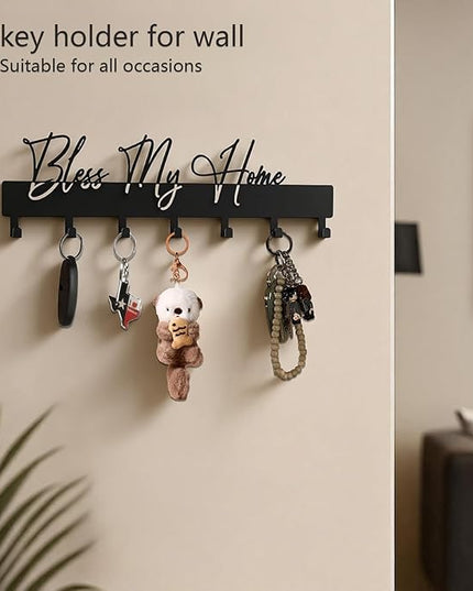 ShowMtheM Exquisite Fashion Phrase Key Holder Wall Mount,Bless My Home Key Kooks for Wall Decoration,Black Metal Key Hanger with 7 Kooks for Entryway,Office,Living Room Decor
