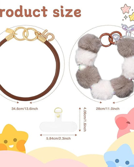 2 Pcs Phone Charm Wrist Strap with Tether Tab, Double Anti Lost Fluff Ball Beaded Wrist Lanyard, Detachable Leather Phone Charms for Bag, Key Chains, Camera Decor