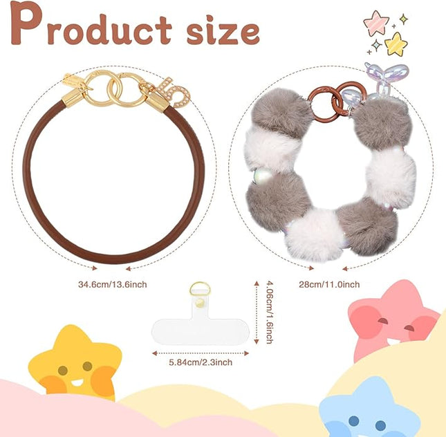 2 Pcs Phone Charm Wrist Strap with Tether Tab, Double Anti Lost Fluff Ball Beaded Wrist Lanyard, Detachable Leather Phone Charms for Bag, Key Chains, Camera Decor