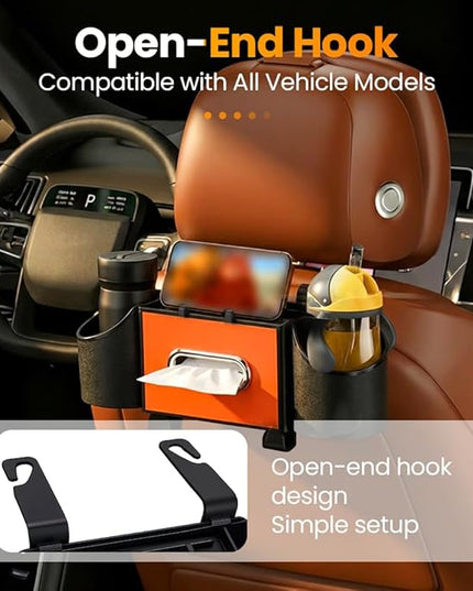 Car Organizer and Storage Box, 4 in 1 Multifunctional with 2 Cup Holders Tissue Box and 2 Hooks, Back Seat Car Organizer, Car Back Seat Storage Organizer (Black)