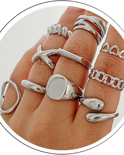 GiftInBox Gold Chunky Rings Set for Women Open Stacking Knuckle Ring Adjustable Round Dome Rings Set Minimalist Irregular Statement Women Ring Jewelry Gift