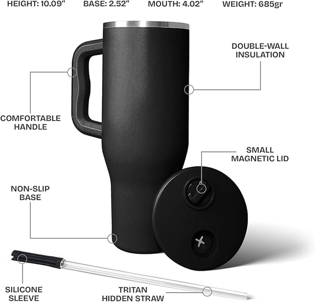 34HD 40 oz Stainless Steel Tumbler - Leakproof Insulated Water Bottle with Handle, Magnetic Lid and Flexible Straw - Iced for 48 Hours – Perfect for Men, Women, Birthday Gift, Black - Midnight Onyx