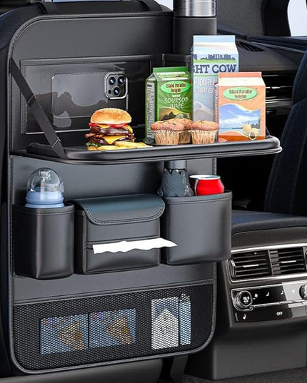 2 Pack Leather Car Backseat Organizer with Foldable Table Tray, Car Storage Organizer with Tablet Holder, Car Seat Back Protectors Kick MatsTravel Accessories