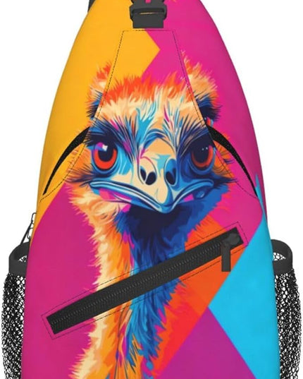 Animal Face Sling Bag Crossbody Bags Chest Bag Backpack for Travel Running and Hiking for Men Women Colorful Ostrich