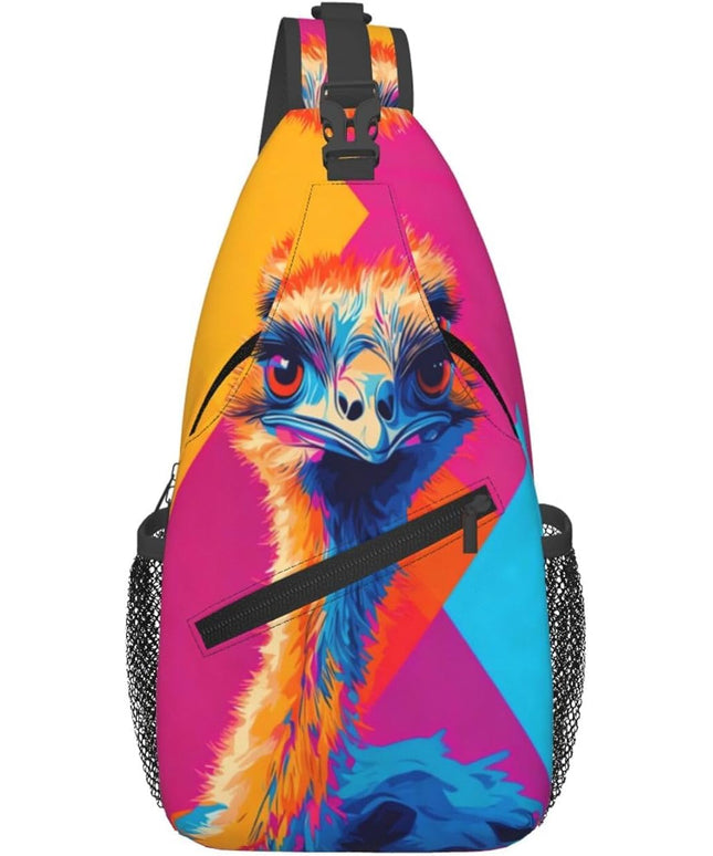 Animal Face Sling Bag Crossbody Bags Chest Bag Backpack for Travel Running and Hiking for Men Women Colorful Ostrich