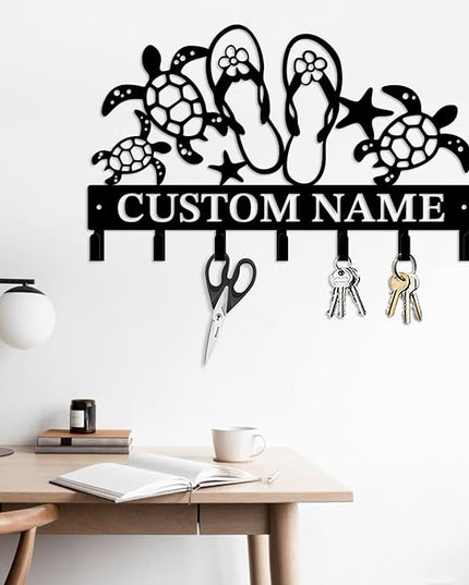 Casebrick Custom Sea Turtle Metal Wall Hooks,Key Holder-Personalized Iron Wall Decor for Keys, Coats & Home Organization (Black, Handmade,Decorative for Entryway, Beach,Bedroom,Office) (Style B)