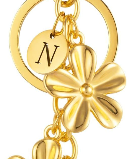 XGALBLA Gold/Silver Initial Keychain Flower Charms for Key Cute Letter Keyring for Purse Handbag Backpack