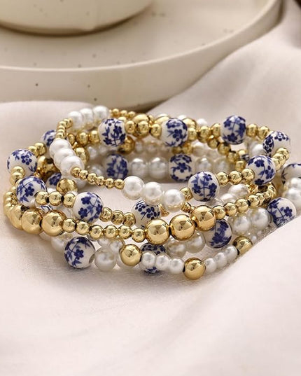 Gold Beaded Bracelets for Women, 14K Real Gold Plated Jewelry for Women Dainty Pearl Bead Bracelets Stack, Non Tarnish Trendy Stackable Ball Cross Stretch Bracelet Set Fashion Accessories Gifts