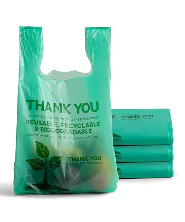 FMP Brands 500 Count Eco Biodegradable Plastic Grocery Bags with Handles, Reusable T-Shirt Thank You Shopping Bags Bulk for Small Business, Restaurant, Groceries, Supermarket