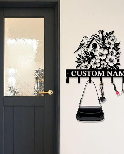 peanut case Customized Keys Holder - Personalized Birds Flower Key Hooks Wall Metal Sign Decor,Wall Holder, Garden,Door Hook (Style B)