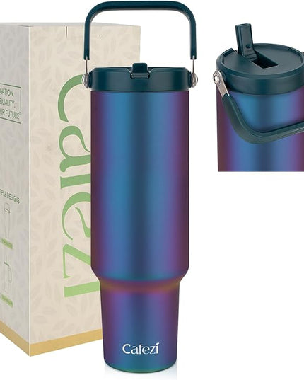 50 oz Insulated Tumbler with Straw, Stainless Steel Water Bottles with Flip Straw and Top Handle, Leak Proof Flip, No Sweat, Fits in Cup Holder, Vacuum Insulated Cup for Home, Outdoors, Car