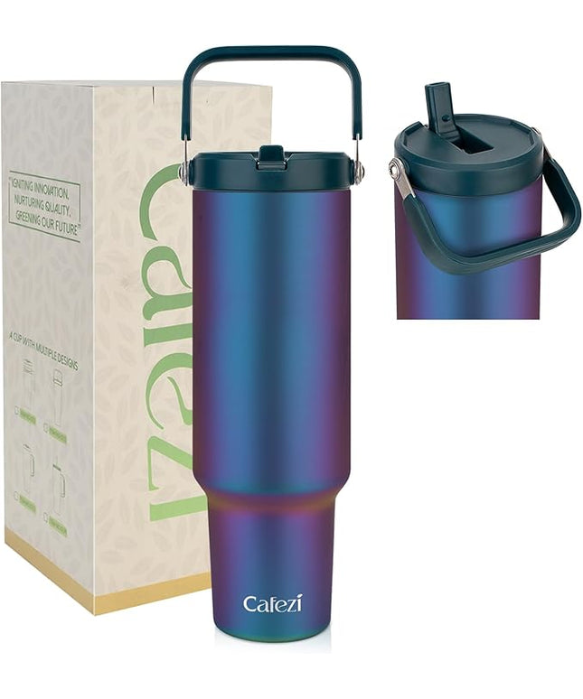 50 oz Insulated Tumbler with Straw, Stainless Steel Water Bottles with Flip Straw and Top Handle, Leak Proof Flip, No Sweat, Fits in Cup Holder, Vacuum Insulated Cup for Home, Outdoors, Car