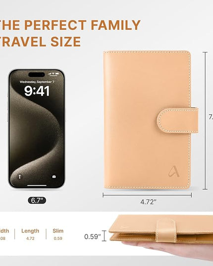 ALLIVE RFID Blocking Passport Wallet with AirTag Slot, Genuine Leather Passport Holder for Family Travel of 4, Travel Essentials & Gift, Airport Must-Have (Beige)
