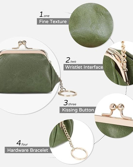 Genuine Leather Wallet Retro Kiss Lock Change Pouch Portable Coin Purse Key Case for Women Gift Box Black (Green)