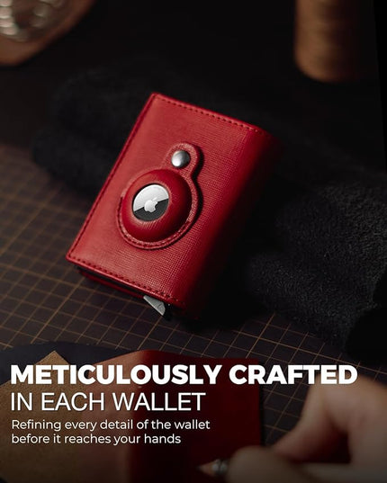 Jenoss Smart AirTag Wallet for Men & Women: Full Grain Leather, Black Pop Up Case, Slim, RFID Blocking, Credit Card Holder Apple Air Tag Tracker Trifold Minimalist 12 Slot ID (Red & Black)