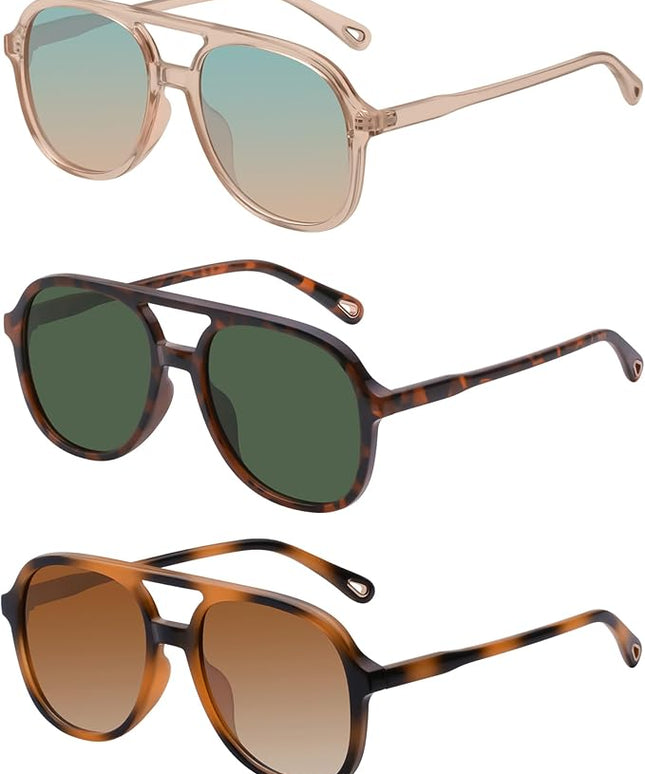YDAOWKN Retro Square Aviator Sunglasses for Womens Mens Vintage 70s Double Bridge Sun Glasses