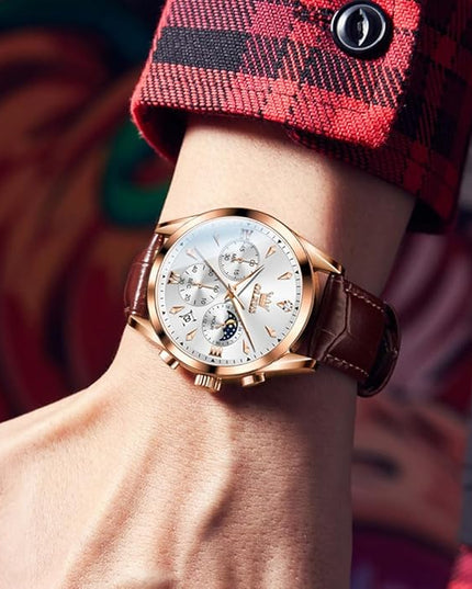 OLEVS Men's Watches Leather Strap Analog Quartz Watch, Fashion Big Dial Date Waterproof Watch, Dress Luxury Luminous Men Watches