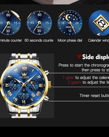 OLEVS Mens Watch Luxury Big Face Stainless Steel Analog Quartz Multifunctional Waterproof Luminous Date Two Tone Fashion Dress Wrist Watches for Man