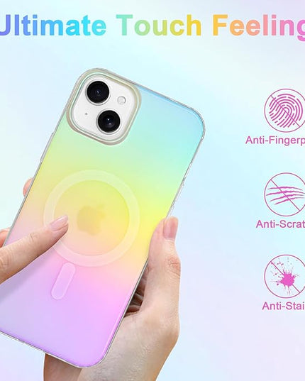 Cute Case for iPhone 14 Plus & iPhone 15 Plus Case for Women Girls [Compatible with Magsafe] Aesthetic Girly Glitter Rainbow Magnetic Protective Phone Cover, Translucent Iridescent Blue Pink