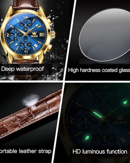 OLEVS Men's Watches Leather Strap Analog Quartz Watch, Fashion Big Dial Date Waterproof Watch, Dress Luxury Luminous Men Watches