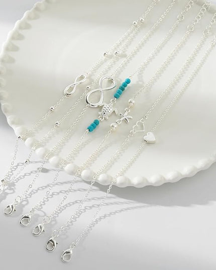 Starain 12Pcs Summer Beach Anklets for Women Waterproof Gold Silver Chain Ankle Bracelets Cute Women's Foot Anklet Set 7.9-10.5 inch Adjustable