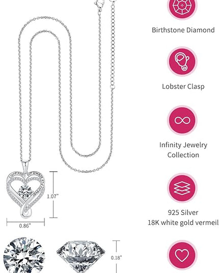 Jewelry for Women Wife Infinity Heart Birthstone I Love You Necklace S925 Anniversary Women Necklaces for Her Wife Birthday Gift Ideas, Birthday Present for Girlfriend Mom Daughter Sterling Silver