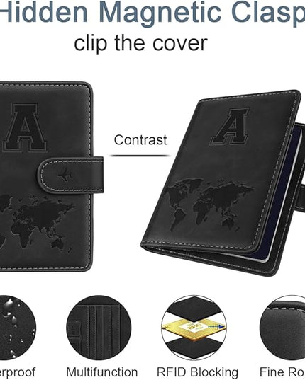 Initial A Passport Holder Cover Personalized Letter A-Z Travel Wallet RFID Blocking Passport Cover Credit Card Holder Case Passport Book Holders for Women and Men, Black-A