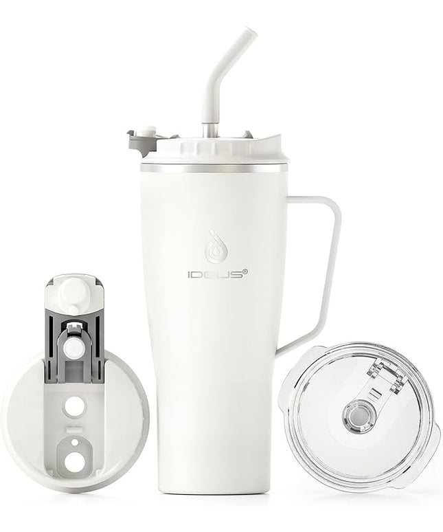 Ideus 32 oz Tumbler with Handle and Straw, Vacuum Insulated Stainless Steel Travel Mug, 100% Leakproof, Cup Holder Friendly, White