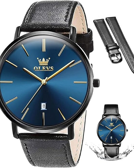 OLEVS Mens Watches Mens Leather Watch Ultra Thin Watches for Men Minimalist Watch with Leather Band Quartz Analog Dress Casual Simple Lightweight relojes para Hombres