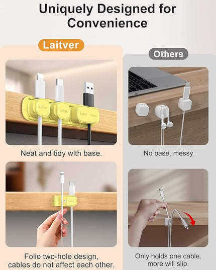 6 Pack Magnetic Cable Clips [1s Open/Lock], Laitver Cord Organizer Holder Strong Adhesive Desk Cable Management- Organize Charging Cords Neatly for Home, Office, Car,Desk, Nightstand-Cream Yellow