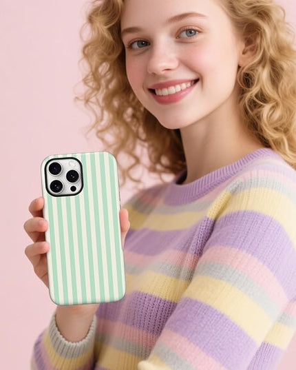 Magnetic for iPhone 17 Pro Case Cute Stripes Phone Case, Shockproof Slim TPU and Hard PC Protective Phone Cover Compatible with MagSafe Designed for Women Girls, Light Green