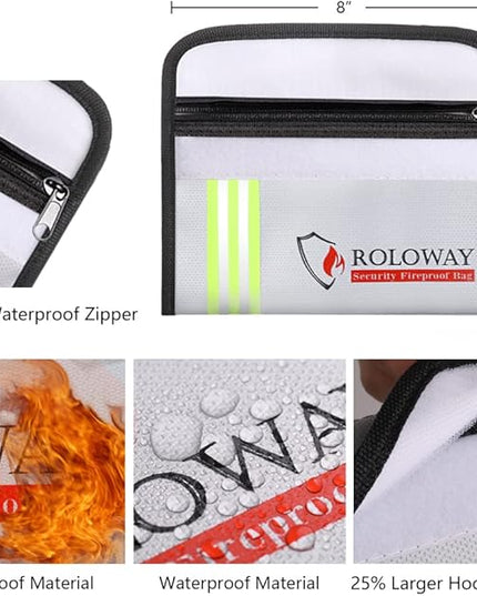 ROLOWAY Small Fireproof Bag (5 x 8 inches) with Reflective Strip, Non-itchy Fireproof Money Bag for Cash, Valuables, Passport, Currency & Keys (2-Pack Silver)