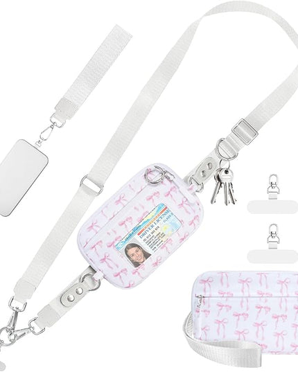 Clip and Go Strap for Phone with Wallet Crossbody Phone Lanyard and Detachable Checkered Bag with ID Window and RFID Pouch for Daily Travel. Bow