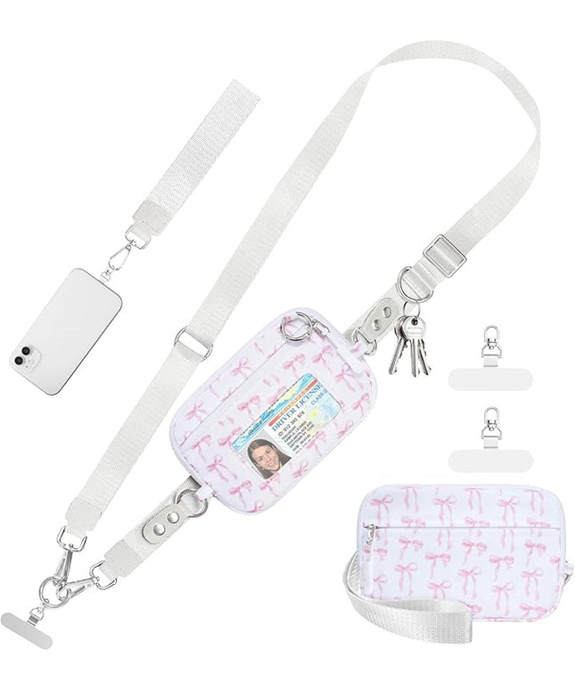 Clip and Go Strap for Phone with Wallet Crossbody Phone Lanyard and Detachable Checkered Bag with ID Window and RFID Pouch for Daily Travel. Bow