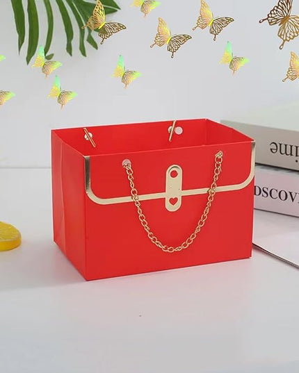 JHXTZ 10 Pack Flower Paper Gift Bags with 12pcs Gold Dazzle 3D Butterfly Decoration, Portable Floral Handbag Box with Metal Chain, Florist Carrier for Valentine's Day Birthday Gifts(Red)