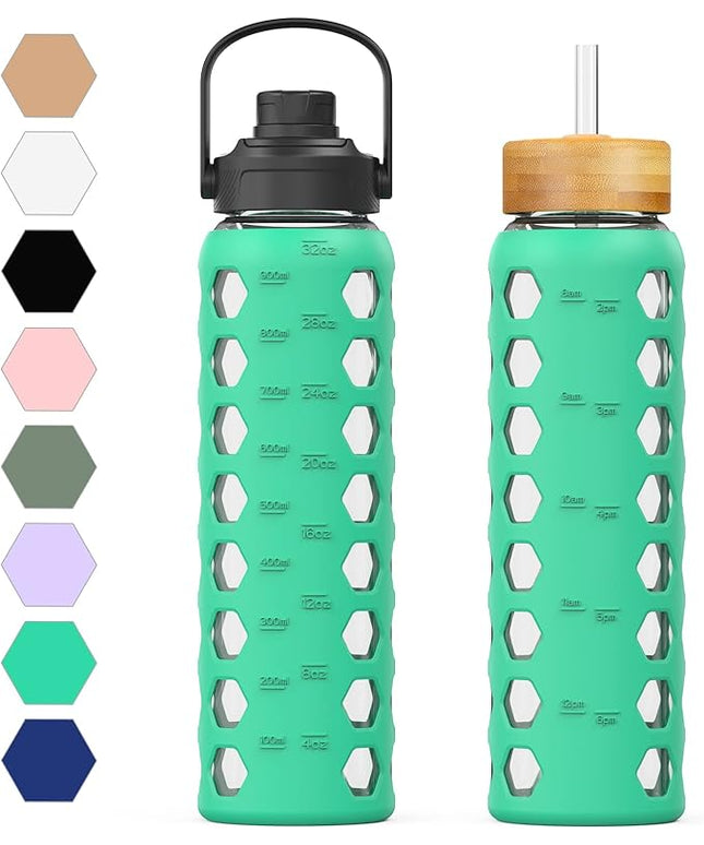 MUKOKO 32oz Glass Water Bottles with 2 Lids-Handle Spout Lid&Bamboo Straw Lid, Motivational Water Tumbler with Time Marker Reminder and Silicone Sleeve, Leakproof-Green-1 Pack