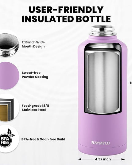 Insulated Water Bottle 87 oz, Triple Wall Vacuum Stainless Steel (Cold for 48 Hrs), Leak Proof & Non-BPA, Modern Water Flask Jug with Paracord Handle & Straw Spout Lids, Lilac