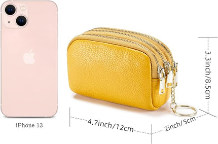 LINNO 3 Zippered Genuine Leather Coin Purse Triple Capacity Change Pouch Little Travel Wallet With Key Ring for Women