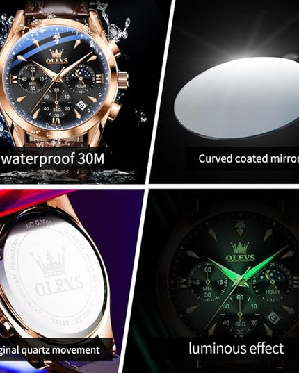 OLEVS Men's Watches Leather Strap Analog Quartz Watch, Fashion Big Dial Date Waterproof Watch, Dress Luxury Luminous Men Watches