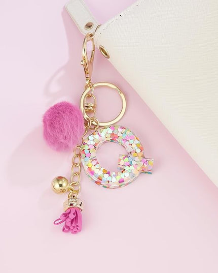 Resin Alphabet Initial Letter Keychain Keyring for Women Purse Handbags With Fur Ball Pom
