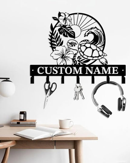 Casebrick Custom Sea Turtle Metal Wall Hooks,Key Holder-Personalized Iron Wall Decor for Keys, Coats & Home Organization (Black, Handmade,Decorative for Entryway, Beach,Bedroom,Office) (Style I)