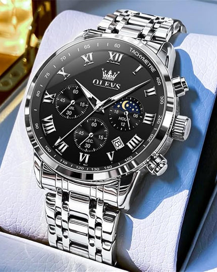 OLEVS Mens Watch Luxury Big Face Stainless Steel Analog Quartz Multifunctional Waterproof Luminous Date Two Tone Fashion Dress Wrist Watches for Man