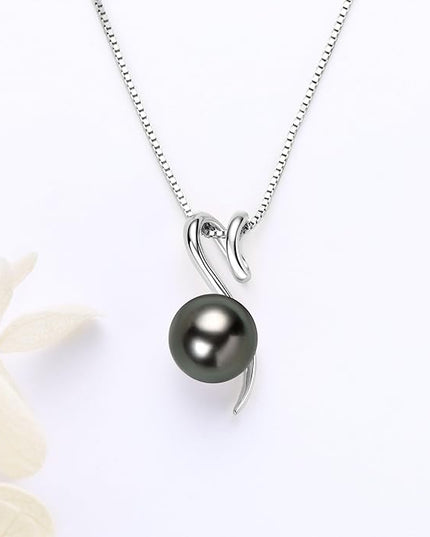 Tahitian Black Pearl Necklaces for Women, Sterling Silver Single Pearl Pendant Necklace Birthday Anniversary Jewelry Gifts for Wife Mom