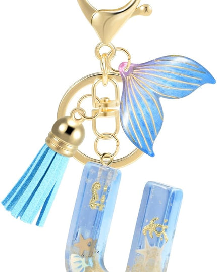 Initial letter Keychains for Women, Ocean Series Avowing Protect Earth Environment, Tassel Cute Car Keychain Initial Key Chain Keyring for Bookbag Handbag Backpack Charm Key Ring Unisex (Letter U)
