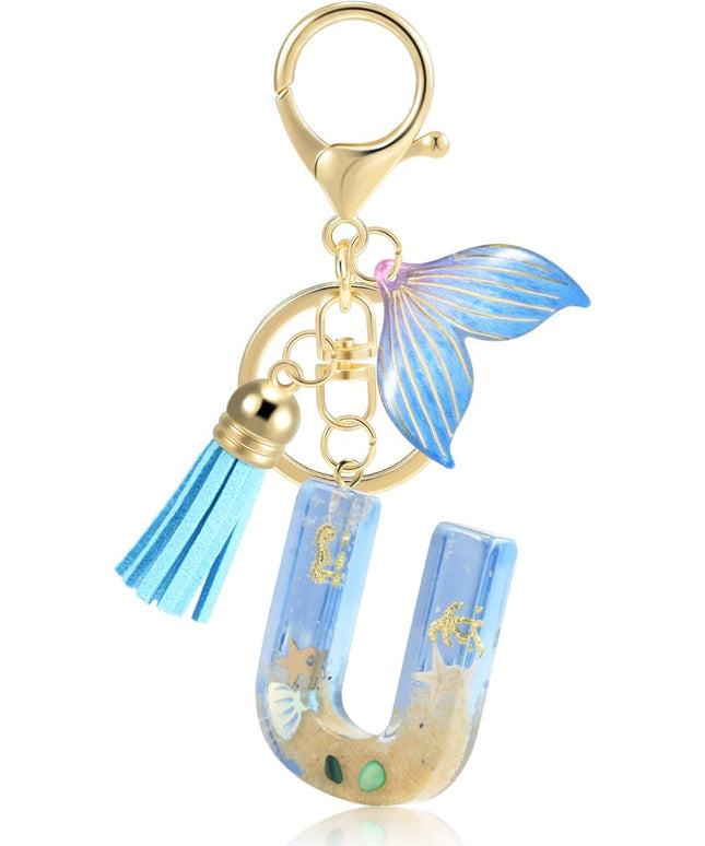 Initial letter Keychains for Women, Ocean Series Avowing Protect Earth Environment, Tassel Cute Car Keychain Initial Key Chain Keyring for Bookbag Handbag Backpack Charm Key Ring Unisex (Letter U)